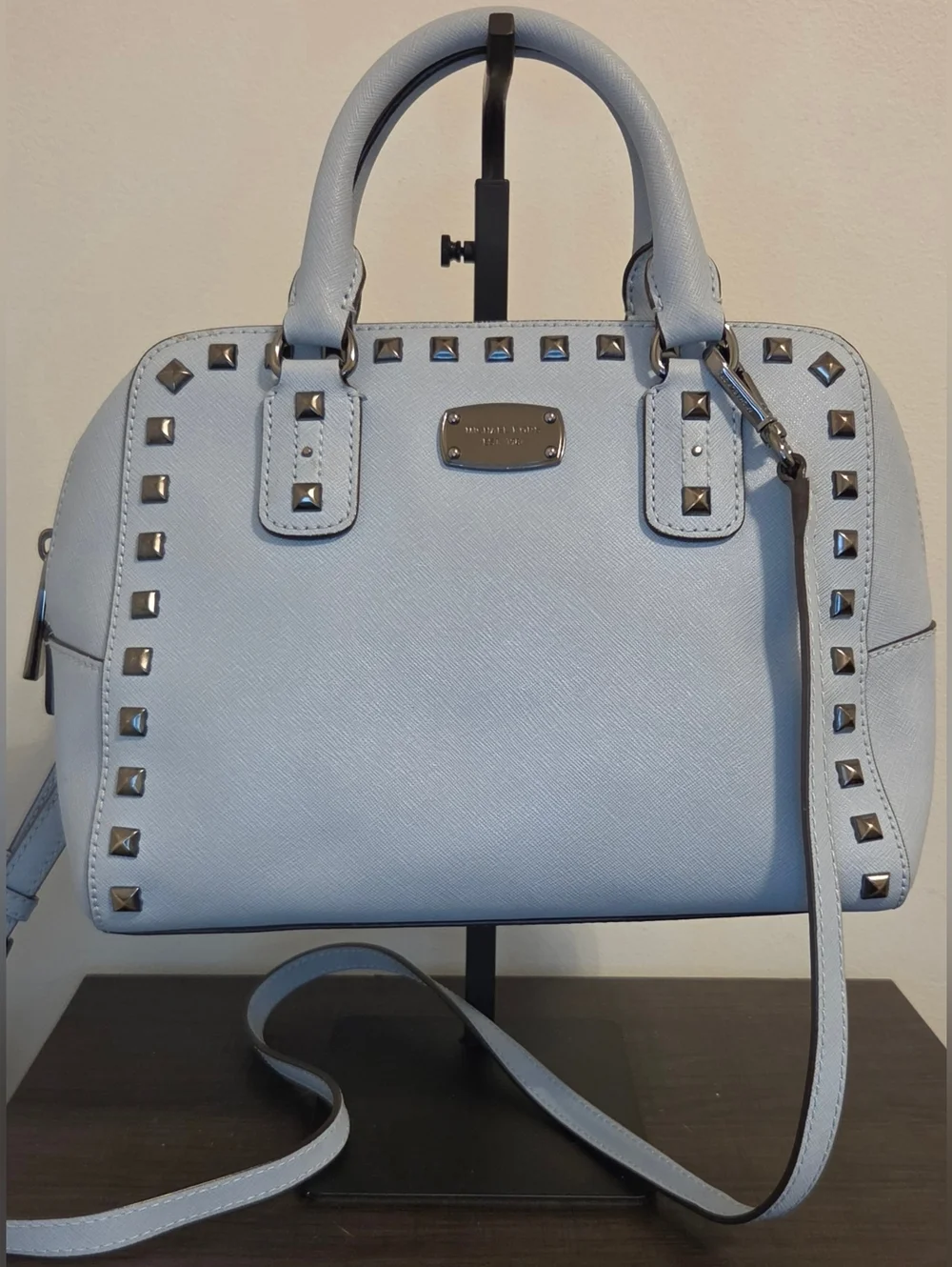 Michael Kors Studded Saffiano Leather Satchel Crossbody Light Blue Gunmetal
